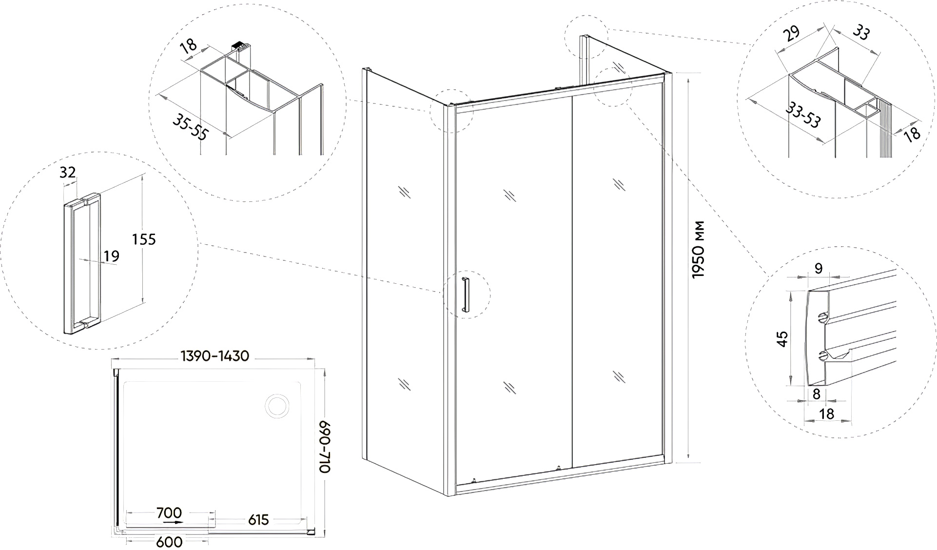 Душевой уголок Veconi Rovigo RV-046B 140x70, черный - 2