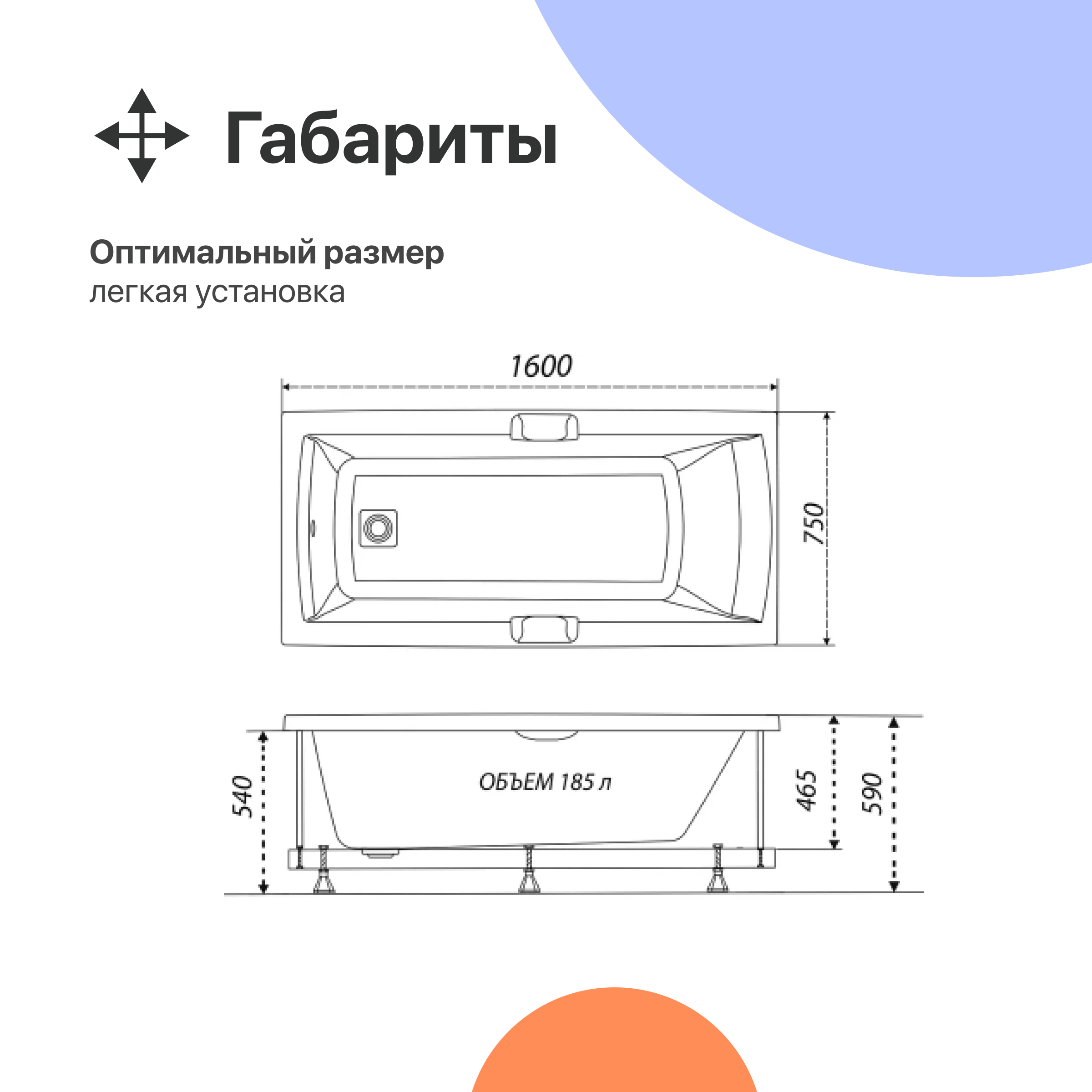 Акриловая ванна DIWO Дмитров 160x75 с ножками 567798 - 5