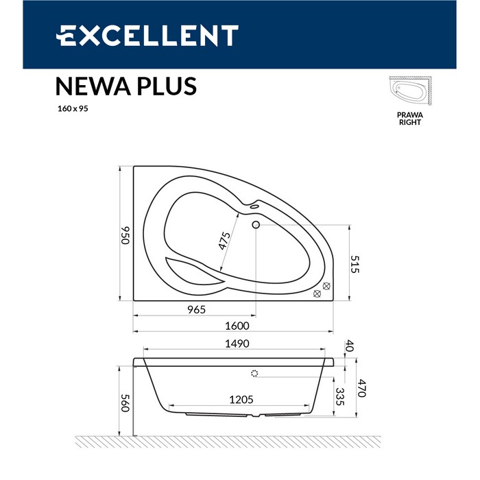 Ванна акриловая Excellent Newa Ultra R 160х95 с гидромассажем белый - золото WAEX.NEP16.ULTRA.GL - 8