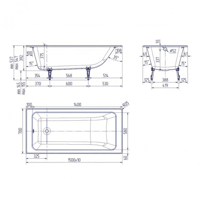 Ванна чугунная Delice Parallel 160х70 с ручками и антискользящим покрытием  DLR220504R-AS - 1