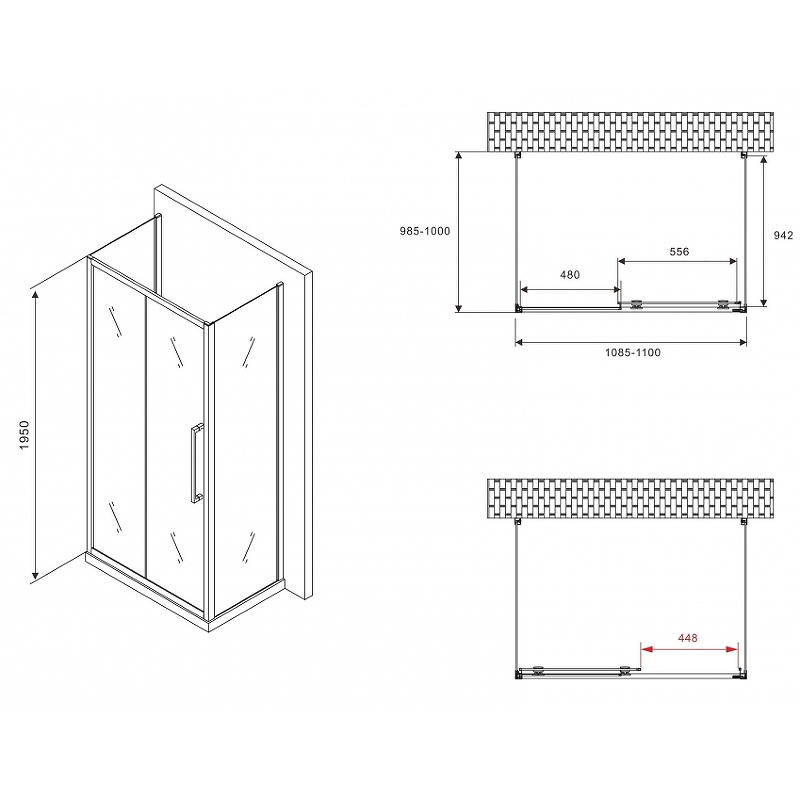 Душевой уголок Abber Schwarzer Diamant 110x100 профиль черный стекло матовое AG30110BMH-S100BM-S100BM - 4