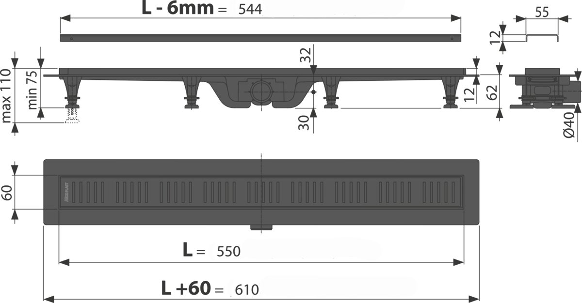 Душевой лоток AlcaPlast APZ10BLACK 550 с решеткой и опорами APZ10BLACK-550M - 1