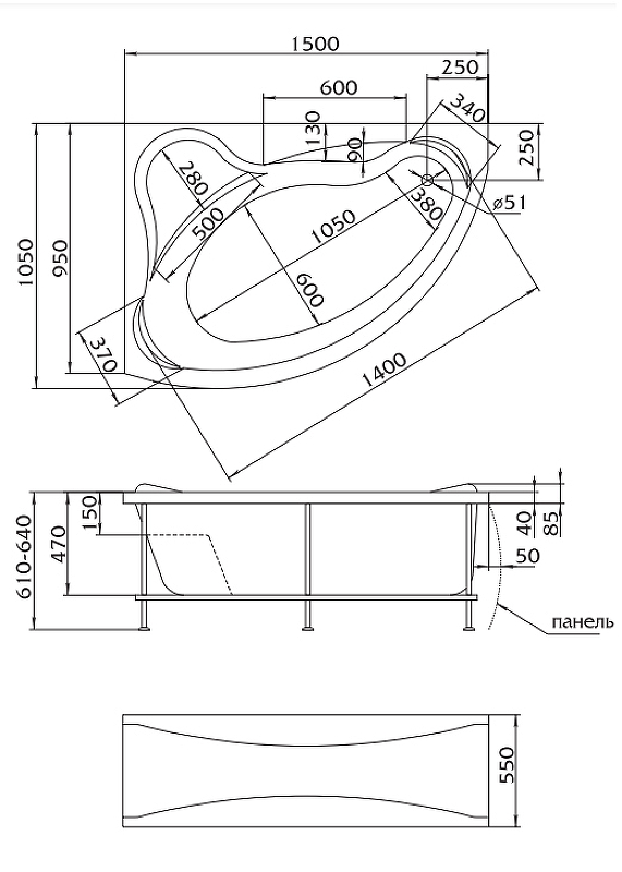 Каркас для ванны 1MarKa Catania 150х105 R/L 03кт1510 Черный 4604613102999 - 1