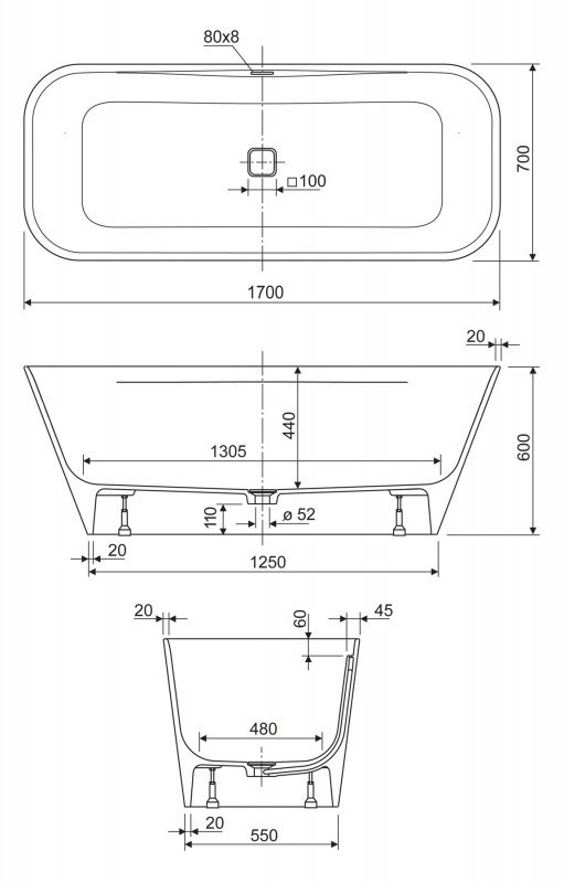 Ванна из литьевого мрамора Cezares Titan  TITAN-SQUARE-170-70-57 - 3