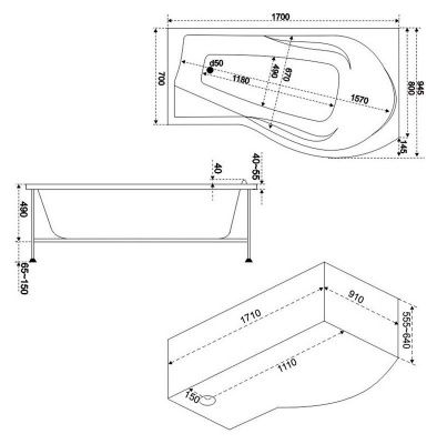 Акриловая ванна Bas Капри R 170x94.5 с г/м ВГ00101 - 1