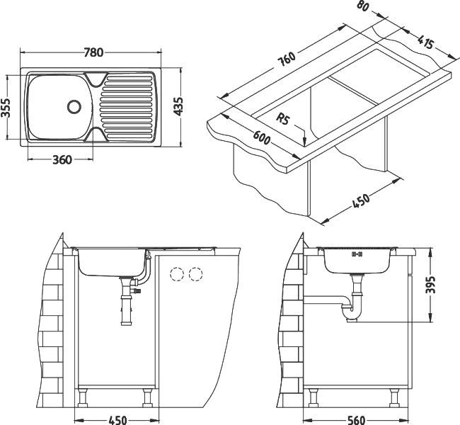 Мойка BASIC 170 LEI-60 NEW 780X435 в комплекте с сифоном 1011717, 1136536 - 3