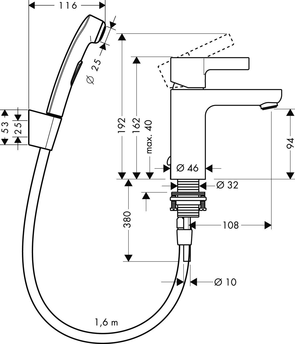 Смеситель Hansgrohe Metris S 31160000 для раковины с гигиеническим душем - 1