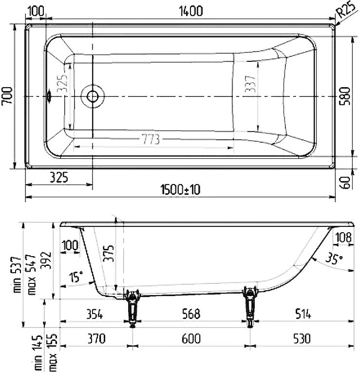 Чугунная ванна Wotte Line 150x70 Line 1500x700 - 4