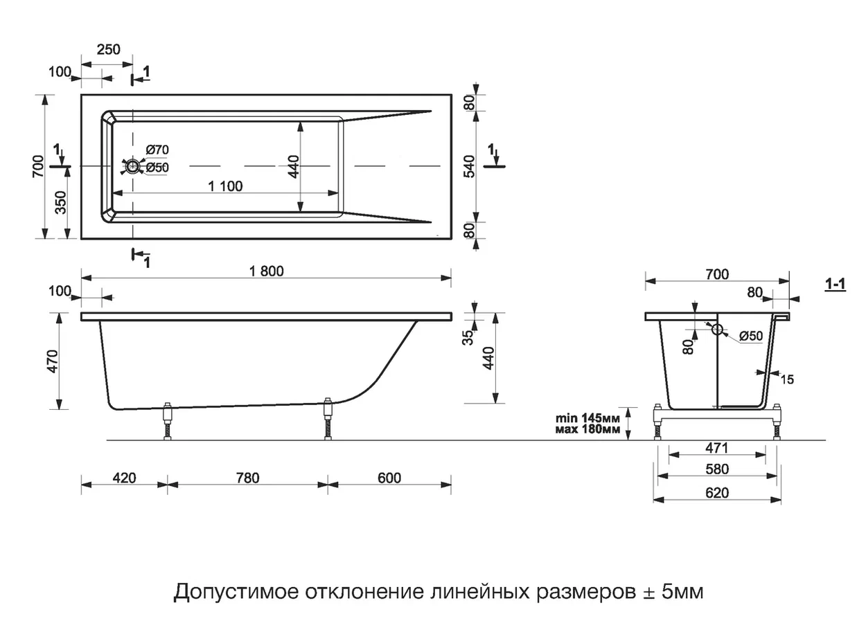 Ванна из литьевого мрамора Delice Diapason 180х70 белый DLR330008 - 5