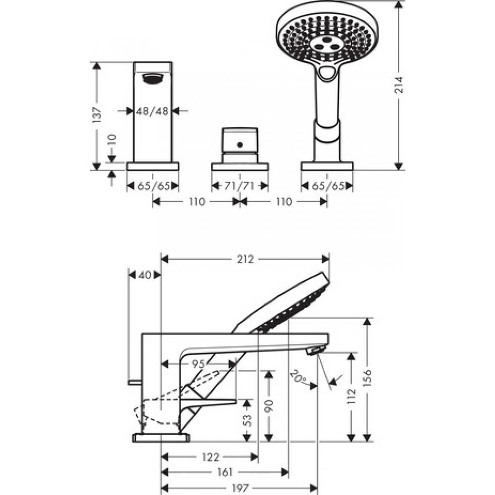 Смеситель на край ванны, на 3 отверстия, с рукояткой-петлей Hansgrohe 74550000 - 3