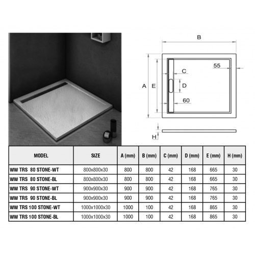 Душевой поддон с сифоном Weltwasser WW TRS 100 STONE-WT 100х100 белый  10000004368 - 1