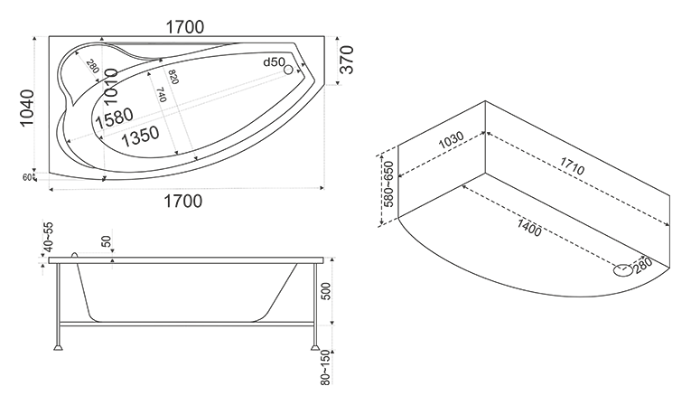 Акриловая ванна Bas Николь 170x108 см L с г/м ВГ00168 - 1