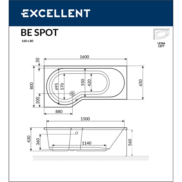 Ванна акриловая Excellent Be Spot Relax L 160х80 с гидромассажем белый - хром WAEX.BSL16.RELAX.CR - 7