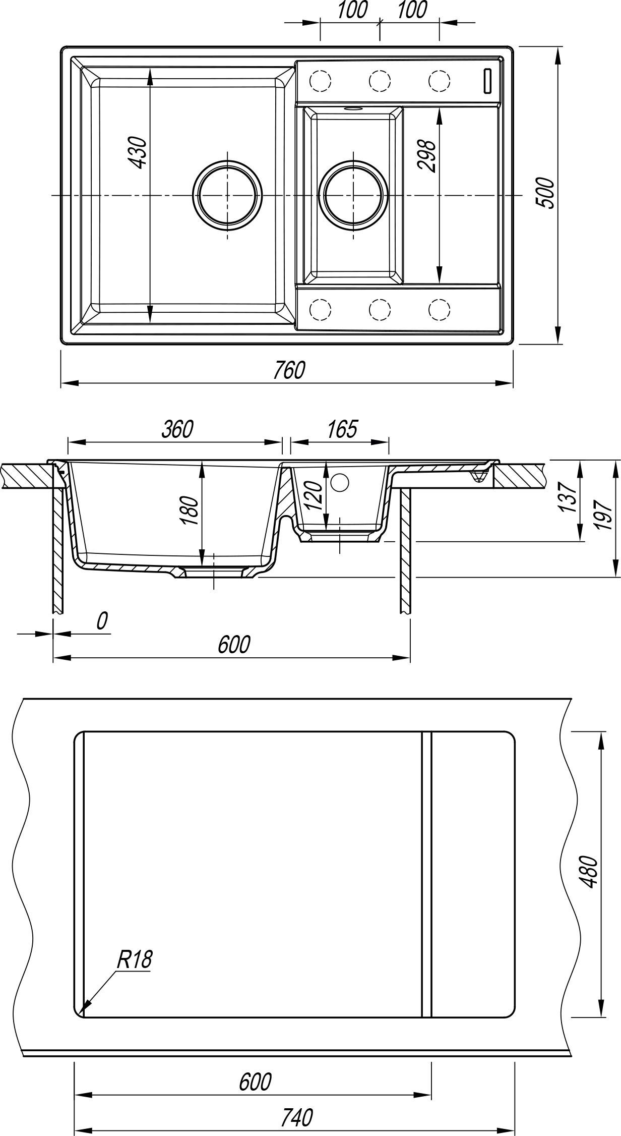 Мойка Flortek Консул 760 К, черный FG  23.025.D0760.102 - 2