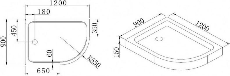 Поддон для душа Cezares Tray R550 120х100 см акриловый R TRAY-A-RH-120/100-550-15-W-R - 2