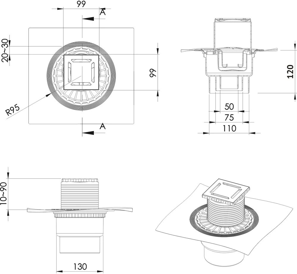 Душевой трап Berges Zentrum Antik 10х10 хром матовый 090464 - 1