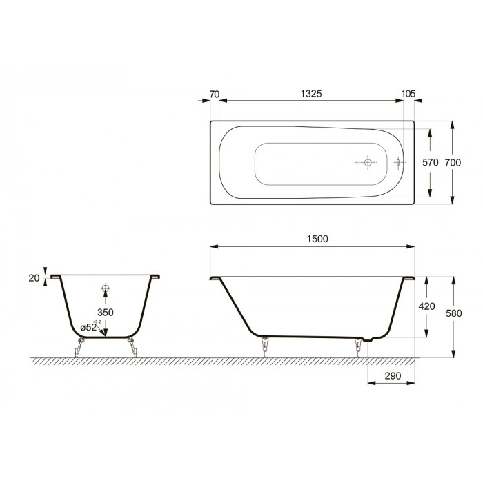 Ванна чугунная Delice Continental 150х70 с отверстиями под ручки  DLR230612R - 1