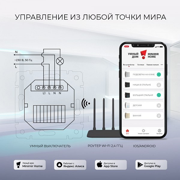 Сенсорный выключатель одноклавишный с функцией Wi-Fi Werkel черный W4510608 4690389171185 - 4