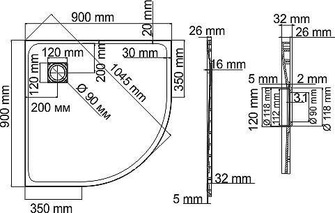 Поддон для душа Wasserkraft Elbe 74T01 90х90, чертверть круга - 1