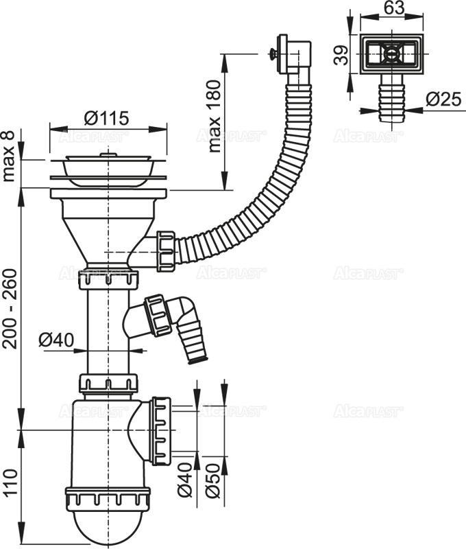 A447P -DN50/40 Сифон для мойки с нержавеющей решеткой A447P-DN50/40 - 1