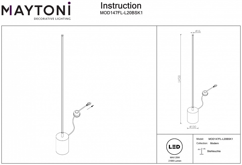 Торшер Maytoni Flow MOD147FL-L20BSK1 - 1