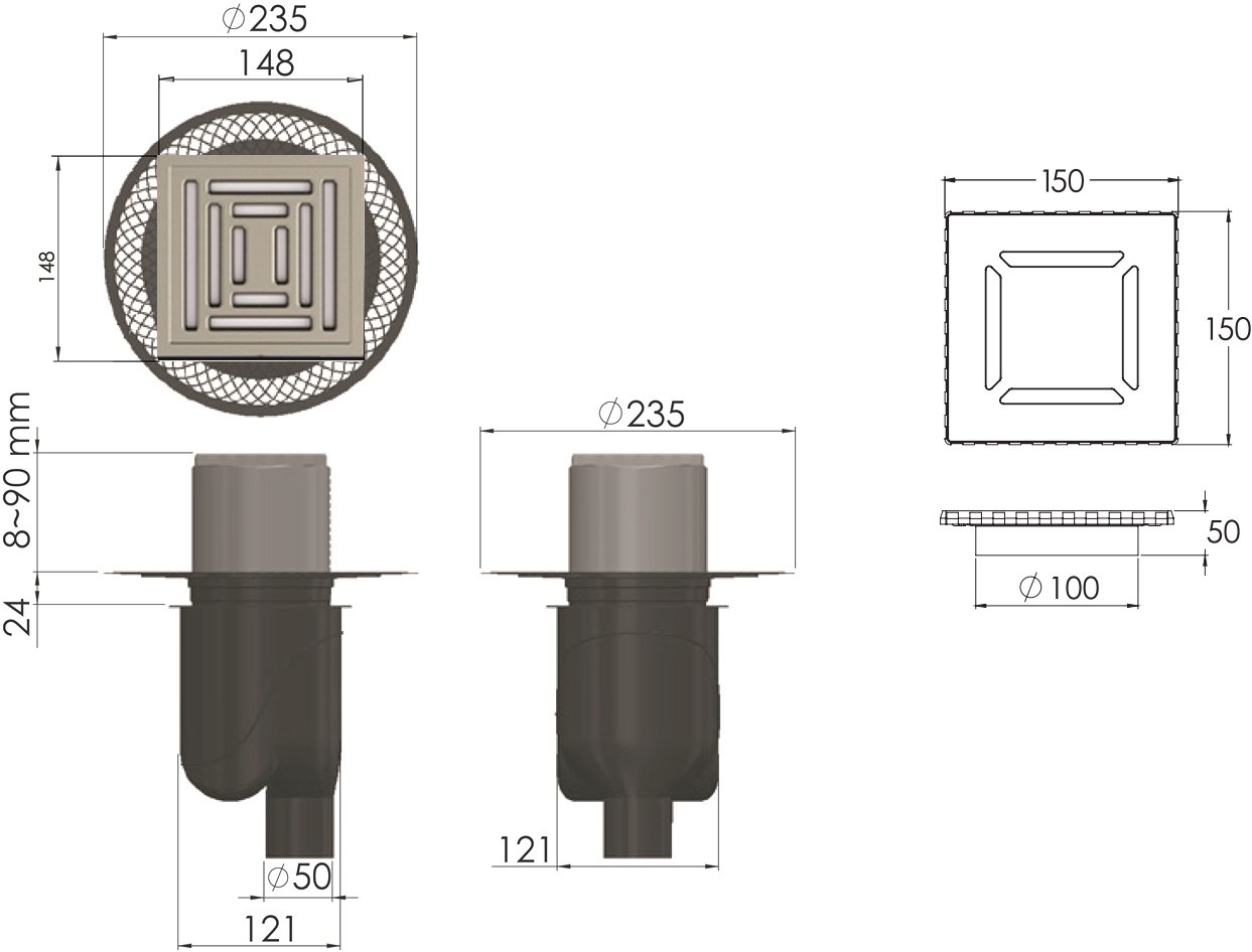 Душевой трап Berges Wasserhaus Platz Uno 15x15 см 090070 - 4