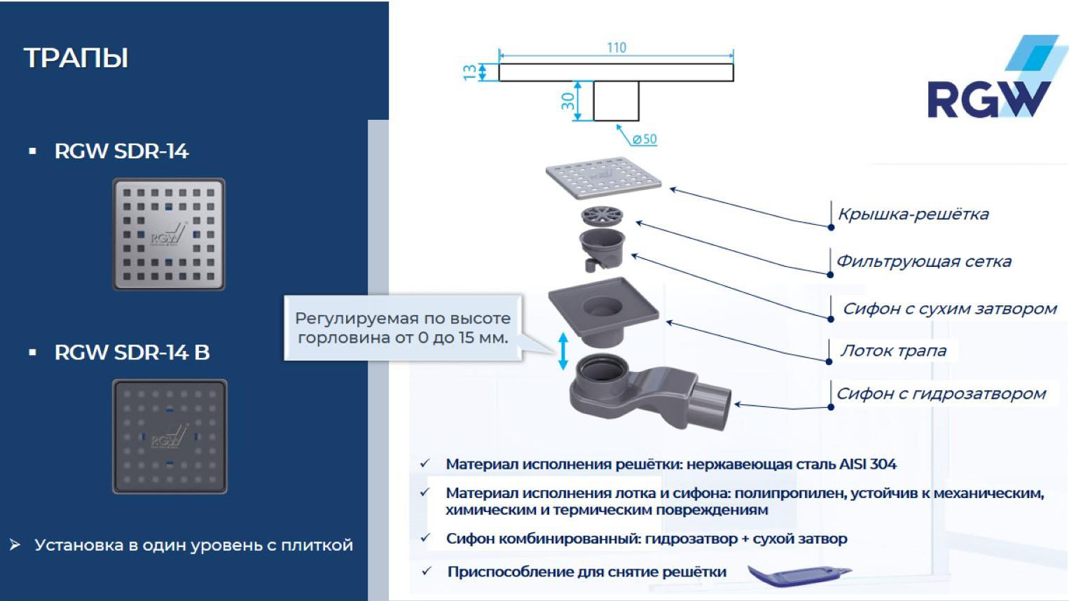 Душевой трап RGW SDR-14B-11 квадрат 110*110 черный Ø 50 мм без ножек, с решеткой 47211411-04 - 1