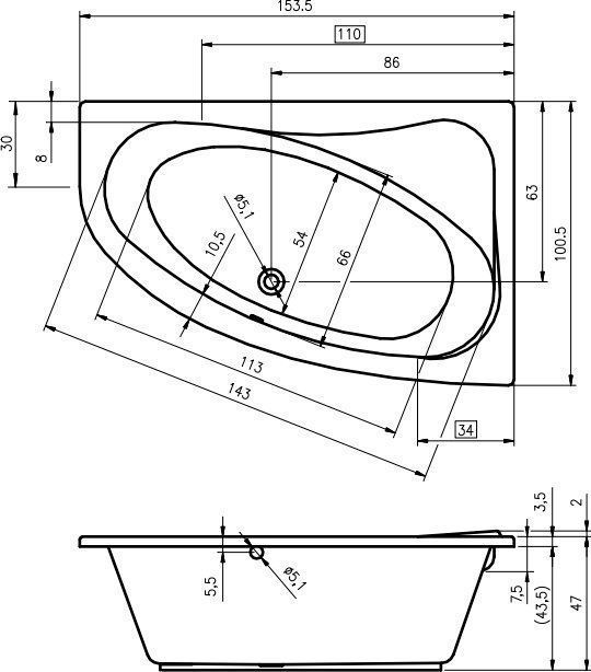 Акриловая ванна Riho Lyra 153 L B022001005 - 1