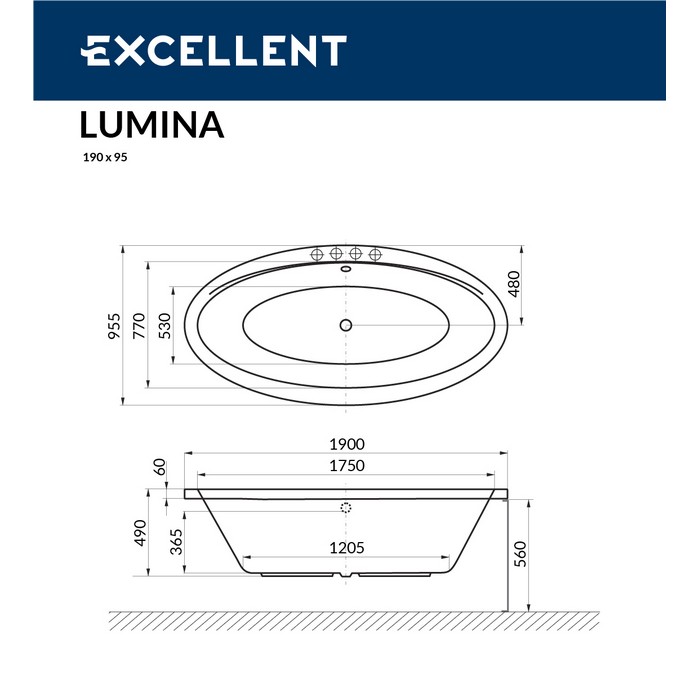 Ванна акриловая Excellent Lumina Relax 190х95 с гидромассажем белый - хром WAEX.LUM19.RELAX.CR - 7