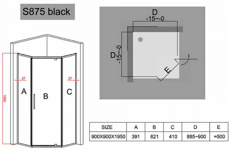 Душевой уголок Black&White Stellar Wind 90х90 черный матовый 8759090 - 3