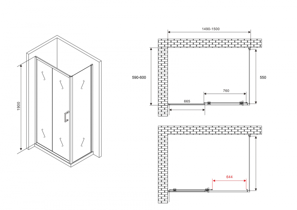 Душевой уголок Abber Schwarzer Diamant 150x60 профиль хром стекло прозрачное AG301505-S605 - 3
