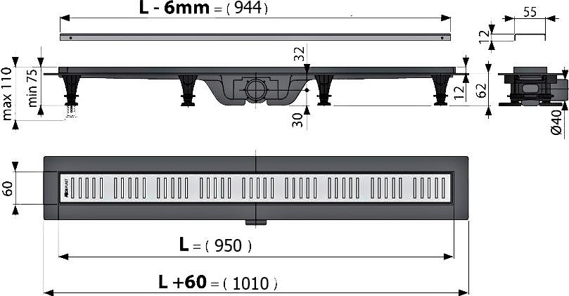 Душевой лоток AlcaPlast APZ10-Simple 950M с решеткой и опорами APZ10-950M - 2