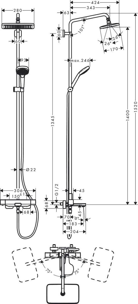 Душевая стойка Hansgrohe Croma 27687000 для ванны с душем, с термостатом - 4