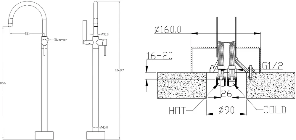 Смеситель напольный Boheme UNO матовый, хром  469-MW - 1