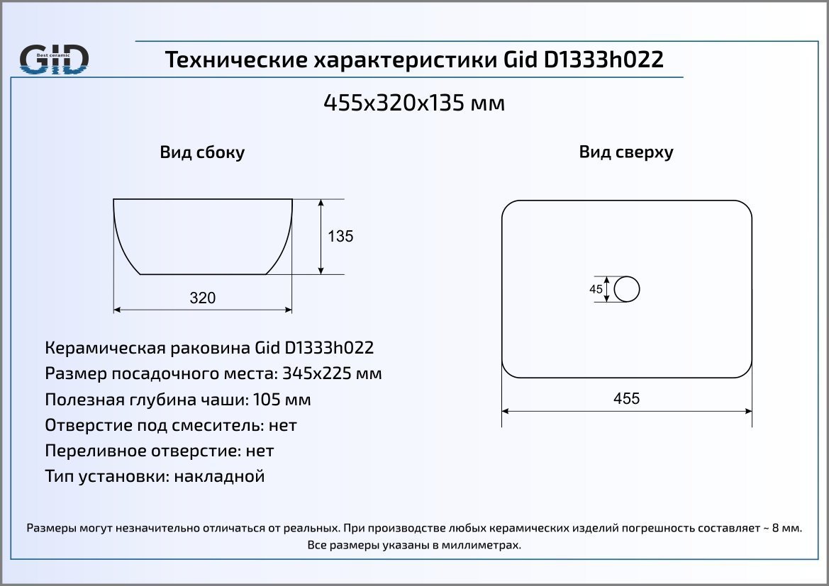 Накладная раковина Gid Luxe line 45.5 см  D1333h022 - 2