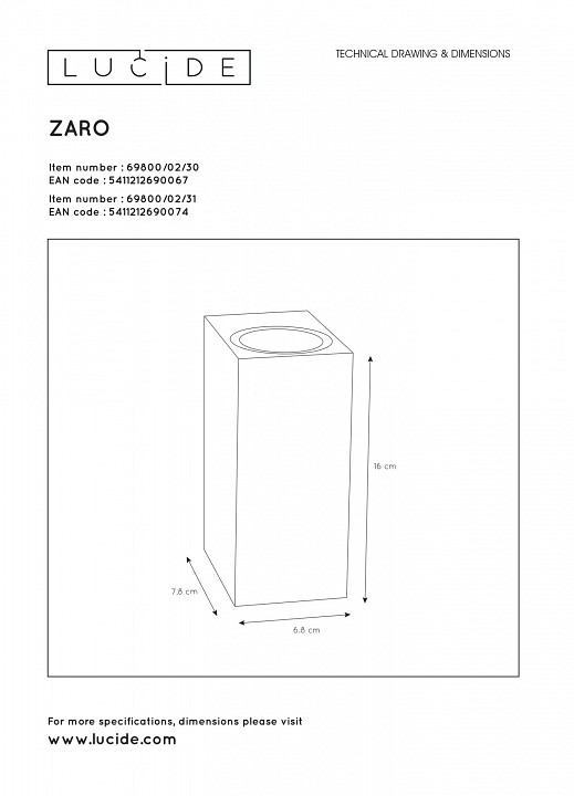 Уличный настенный светильник Lucide Zaro 69800/02/30 - 2