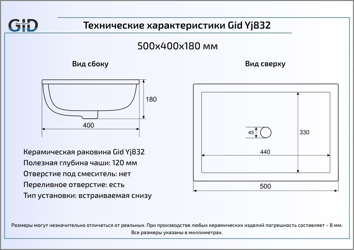 Встраиваемая раковина Gid  51 см  Yj832 - 1