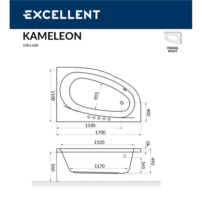 Акриловая ванна Excellent Kameleon 170x110 белая золото правая с гидромассажем WAEX.KMP17.RELAX.GL - 2