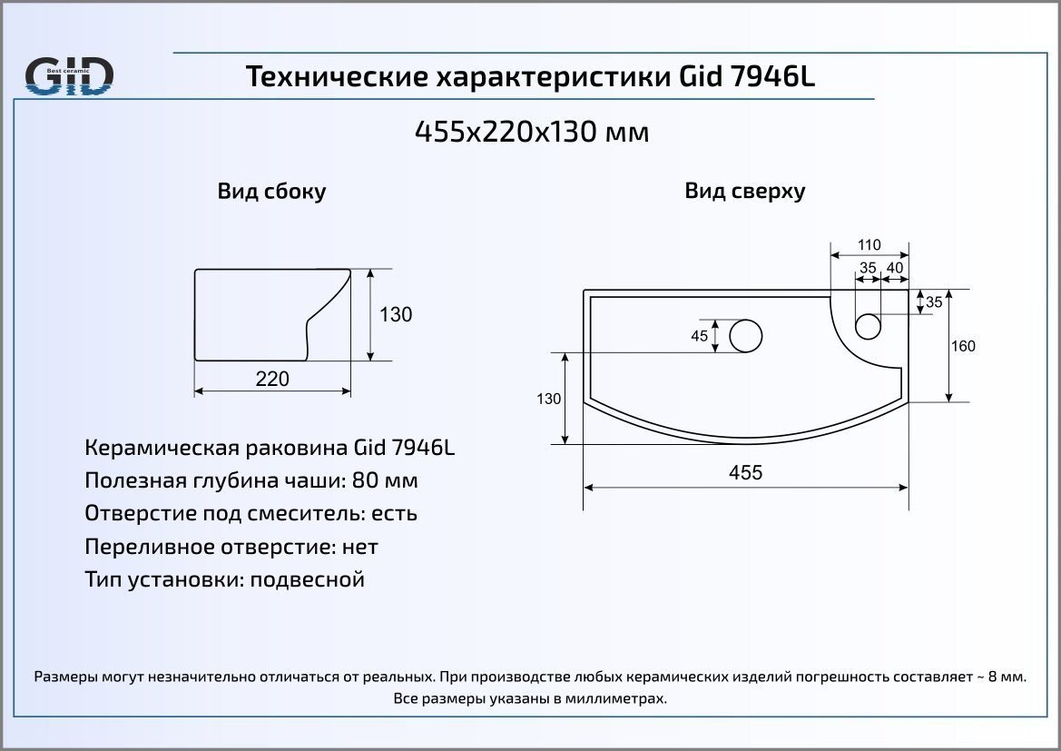 Подвесная раковина Gid  45.5 см  7946L - 1