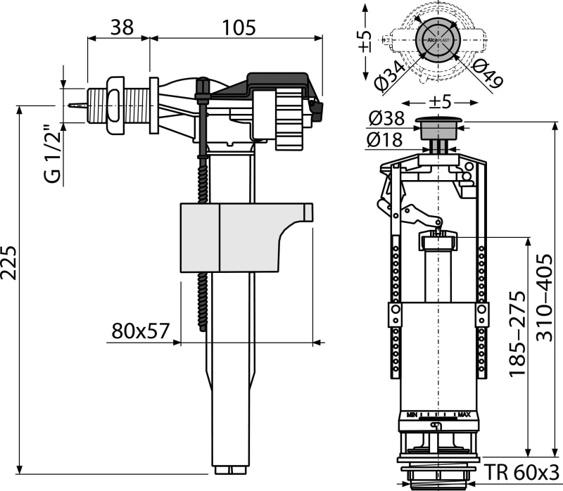 Наливной механизм AlcaPlast  (SA2000K 1/2) SA2000K 1/2