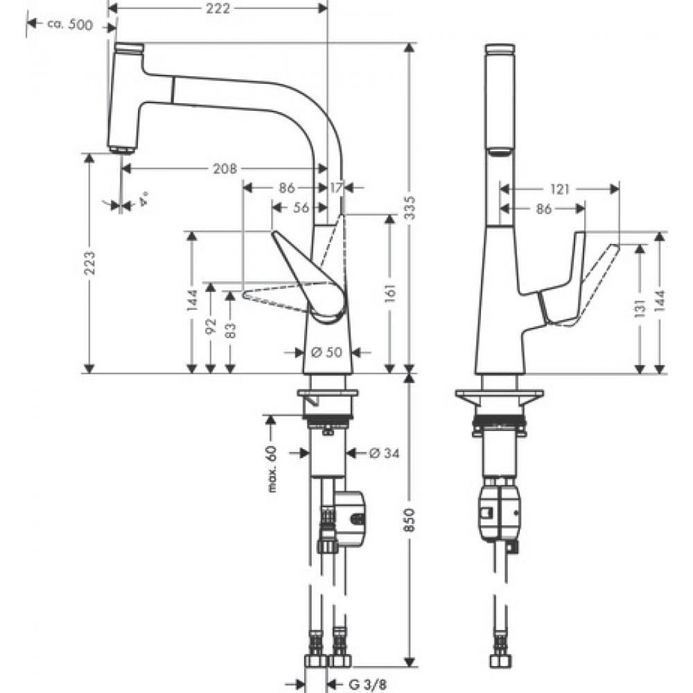 Кухонный смеситель однорычажный, 220, с вытяжным изливом, 1jet Hansgrohe 72822000 - 2