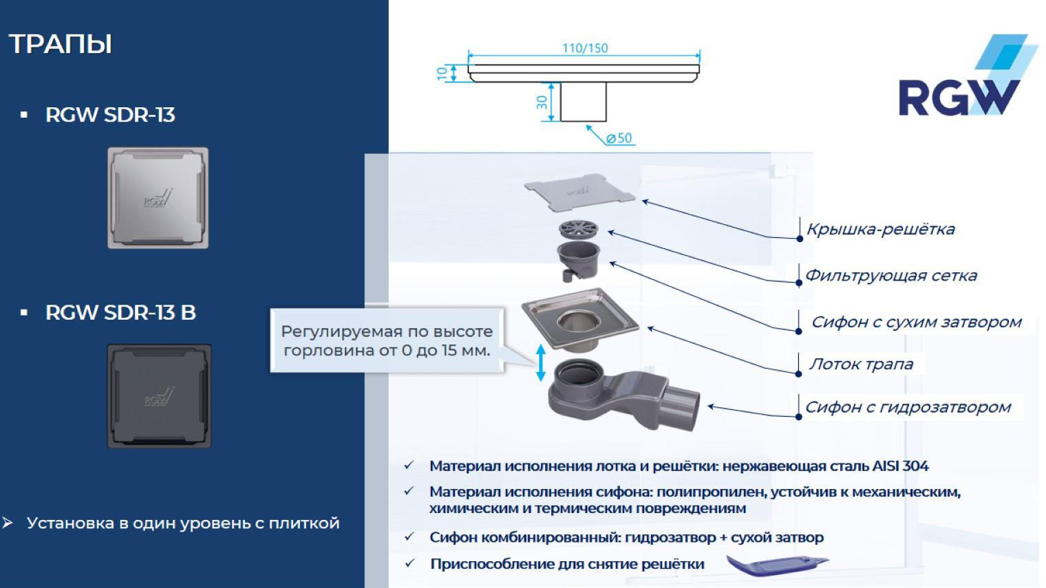 Душевой трап RGW SDR-13B-11 квадрат 110*110 черный Ø 50 мм без ножек, с решеткой 47211311-04 - 1