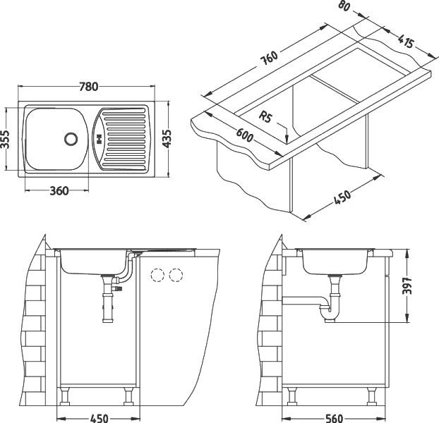 Мойка BASIC 150 LEI-60 NEW 780X435 в комплекте с сифоном  1071237, 1136531 - 3