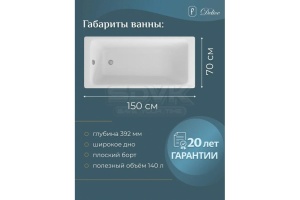 Ванна чугунная Delice Parallel DLR220504RB 160х70 см, без антискользящего покрытия, с ручками черными матовыми - 2