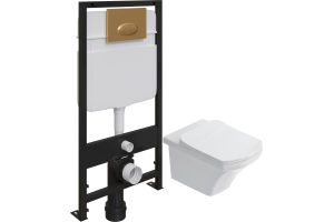 Комплект Унитаз подвесной STWORKI Хальмстад SETK2804-0606-001-1-6000 с микролифтом + Система инсталляции для унитазов EWRIKA ProLT 0026-2020 с кнопкой смыва 0053 золото матовое