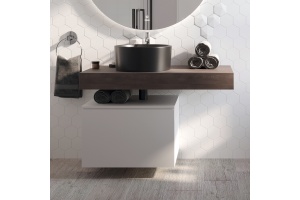 Столешница STWORKI Ольборг 100 дуб карпентер, без отверстий, с тумбой 60, с раковиной BOCCHI Vessel черной