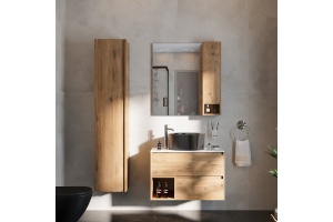 Мебель для ванной STWORKI Карлстад 75 дуб рустикальный, простоун беж, с раковиной BOCCHI Vessel черной