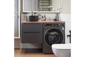 Тумба с раковиной STWORKI Берген 60 серая с темной столешницей 122, BOCCHI Vessel черная, R