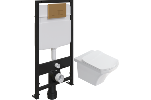 Комплект Унитаз подвесной STWORKI Хальмстад SETK2804-0606-001-1-6000 с микролифтом + Система инсталляции для унитазов EWRIKA ProLT 0026-2020 с кнопкой смыва 0043 золото матовое