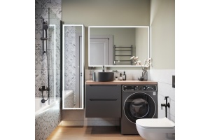 Мебель для ванной STWORKI Берген 60 серая с темной столешницей 122, раковина BOCCHI Vessel черная, R